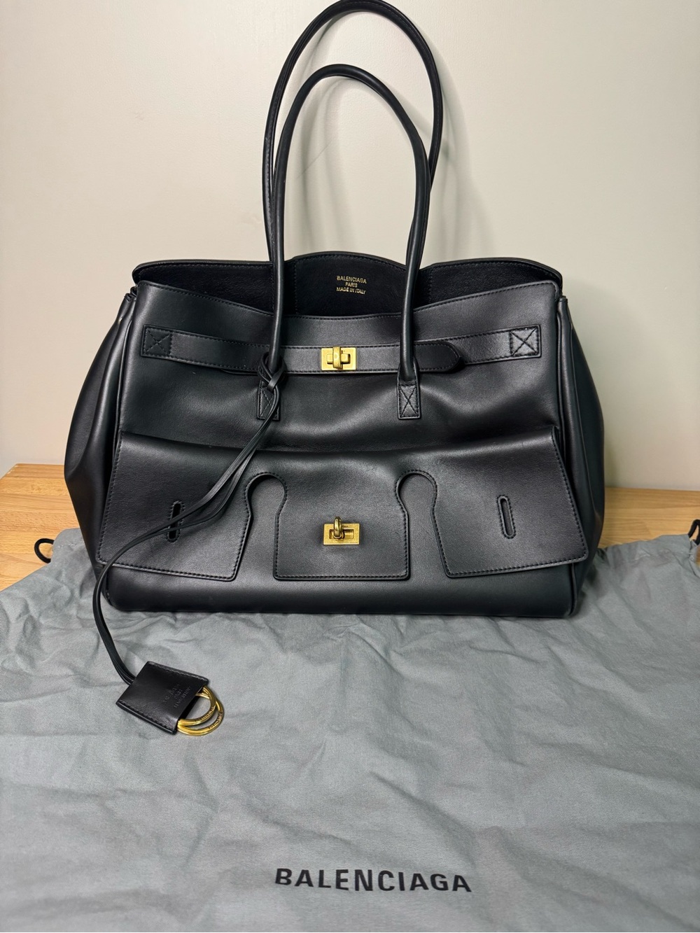 Balenciaga Black Leather Tote with Gold Hardware